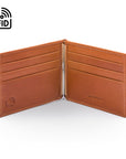 Leather money clip wallet, havana tan, open view