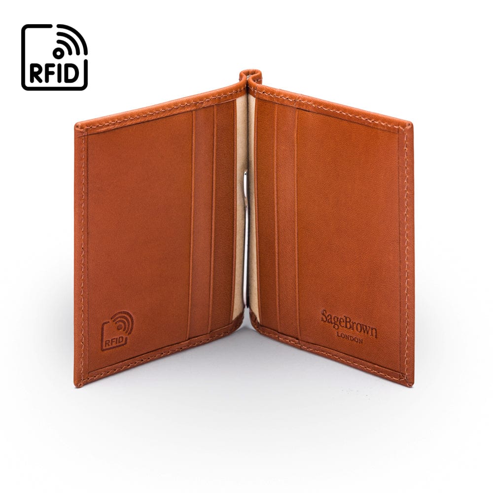 Clip wallet for men, havana tan, inside view