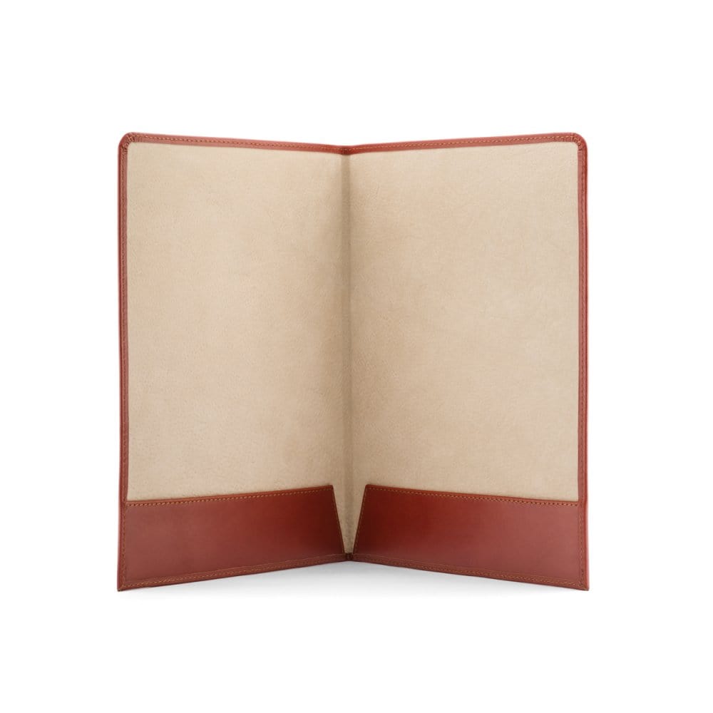 Simple leather document folder, havana tan, open