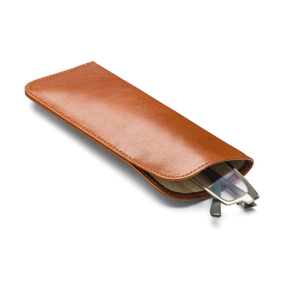 Small leather glasses case, havana tan, open