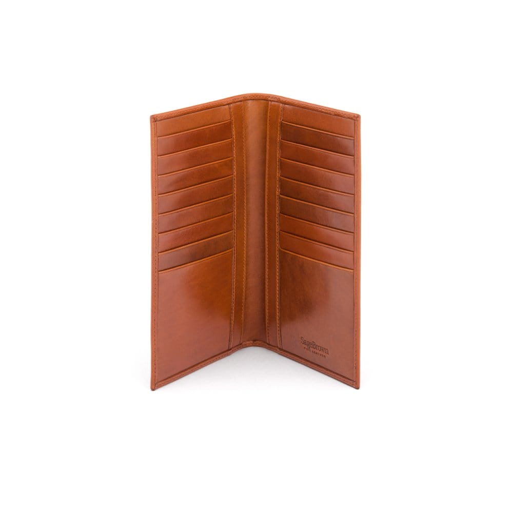 Large leather breast pocket wallet 16 CC, havana tan, inside