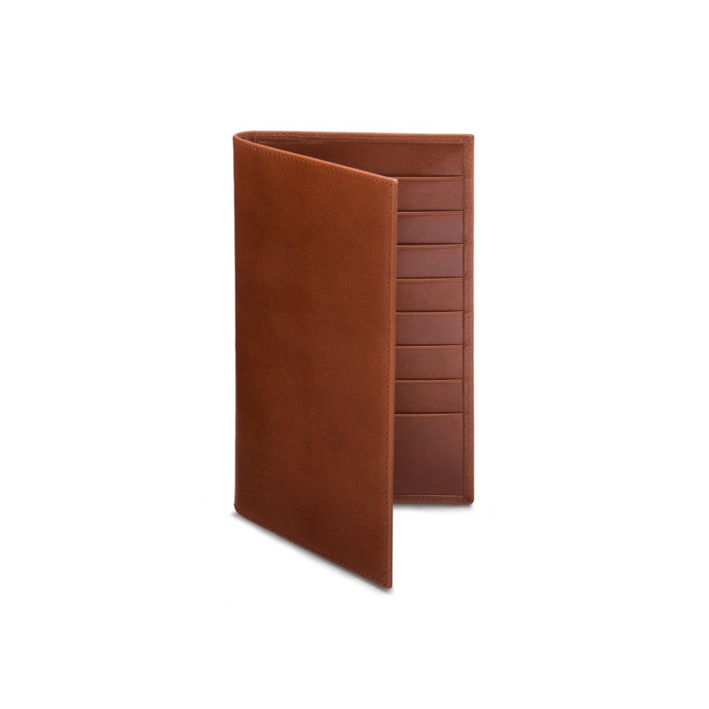 Tall leather suit wallet 16 CC, havana tan, front