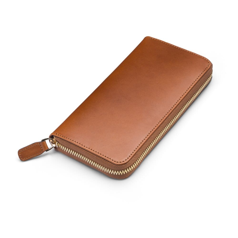 Tall leather zip around accordion purse, havana tan, front