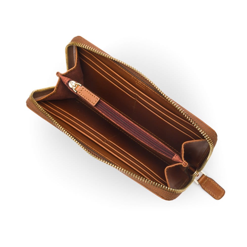Tall leather zip around accordion purse, havana tan, inside