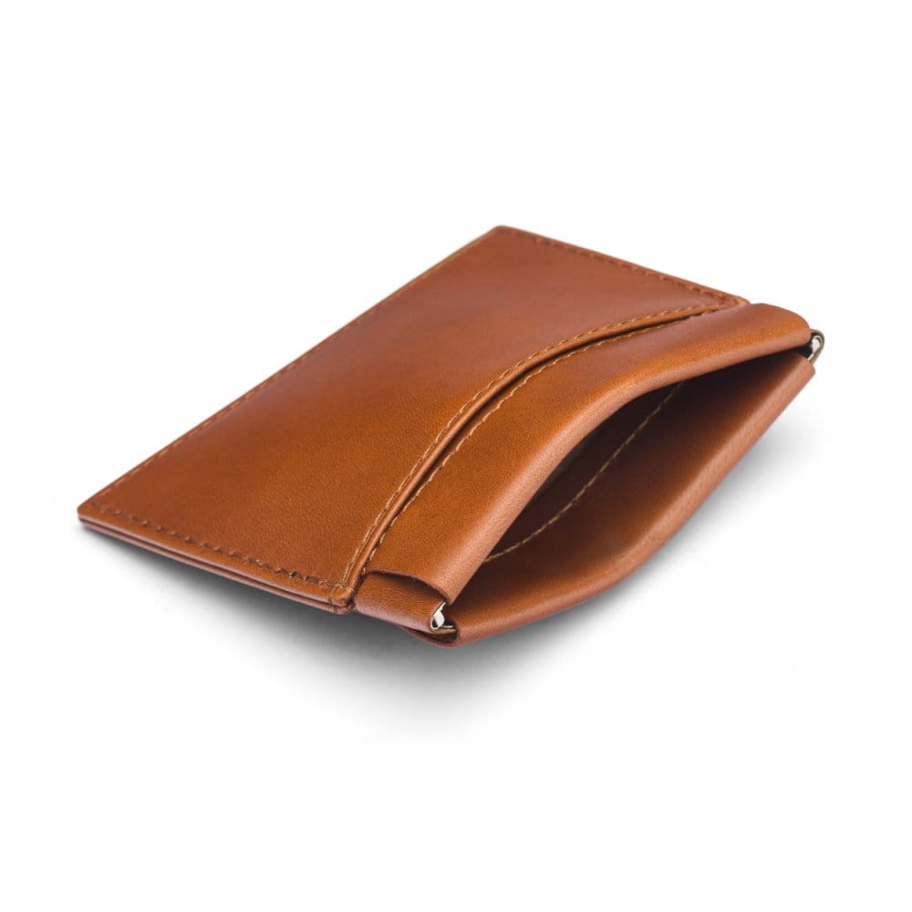 Leather squeeze spring coin purse, havana tan, open