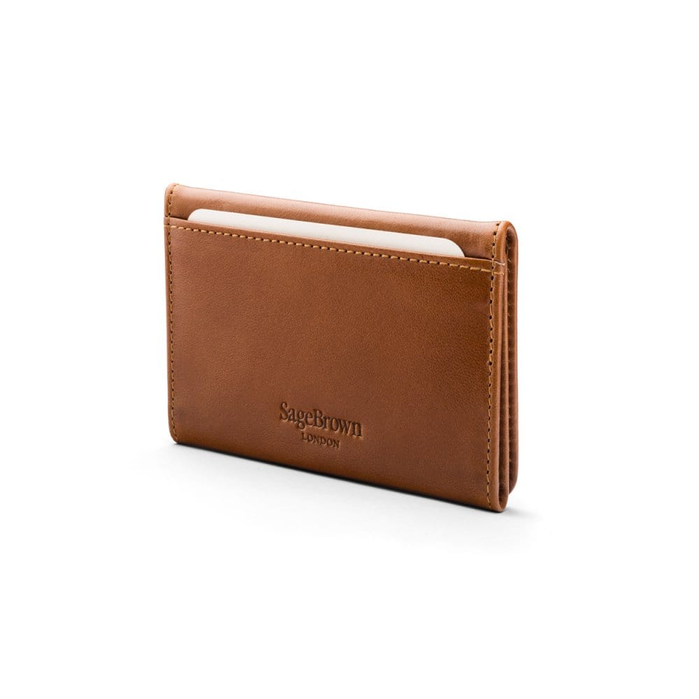Leather tri-fold travel card holder, havana tan, back