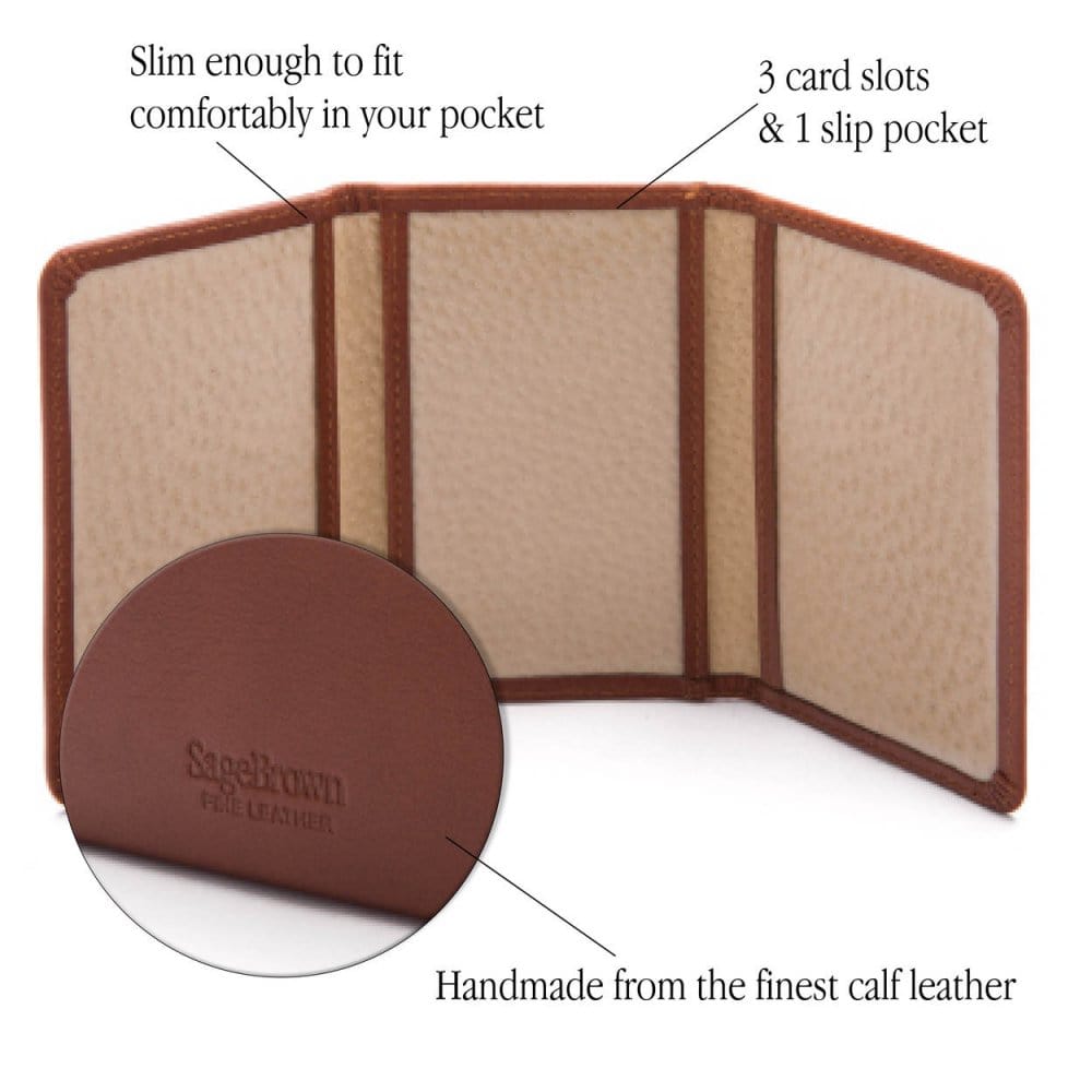 Leather tri-fold travel card holder, havana tan, features