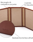 Leather tri-fold travel card holder, havana tan, features