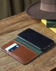 Leather iPhone XR wallet case, havana tan, lifestyle