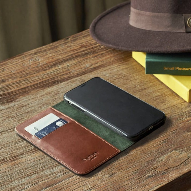 iPhone XS Max wallet case, havana tan, lifestyle