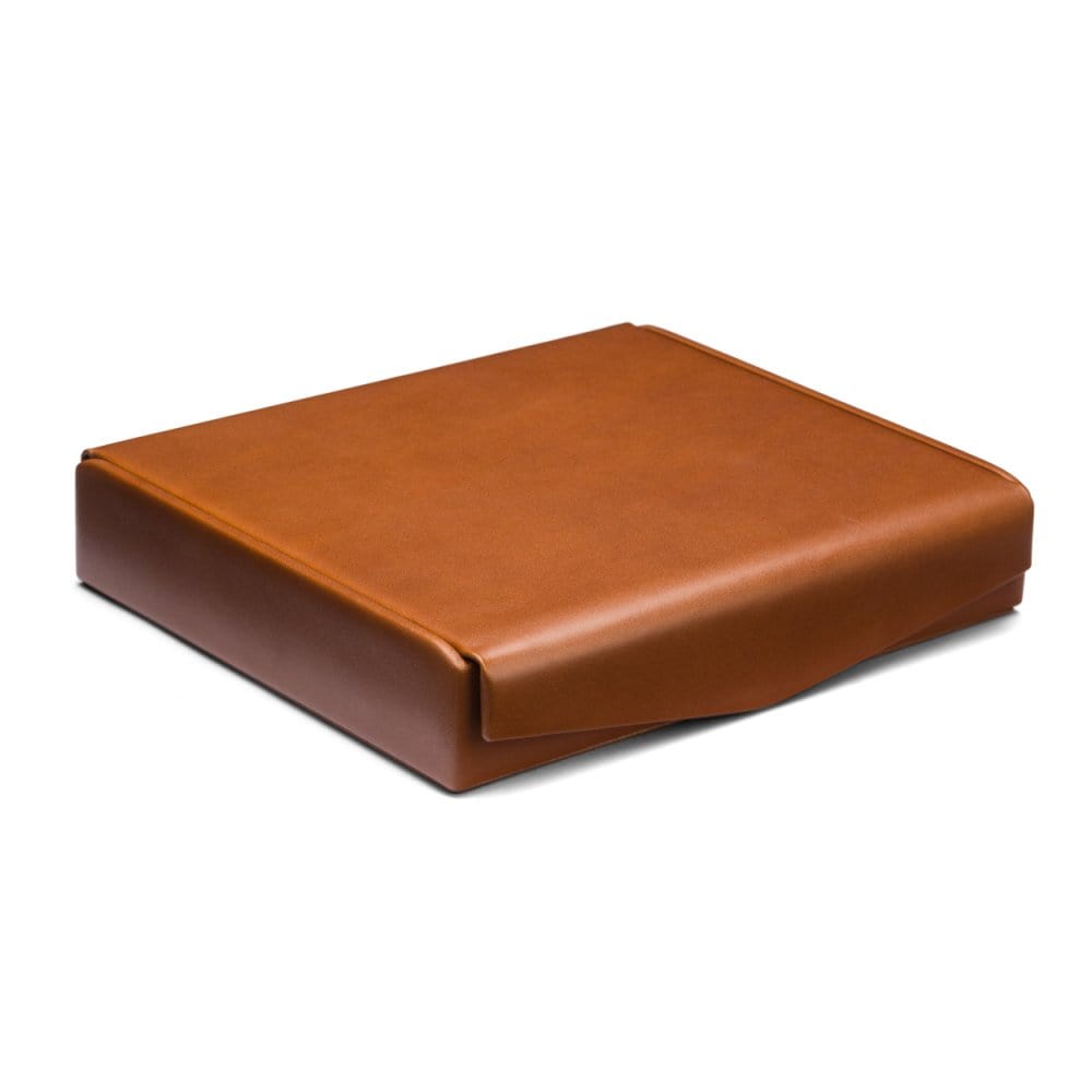 Large leather accessory box, havana tan, front