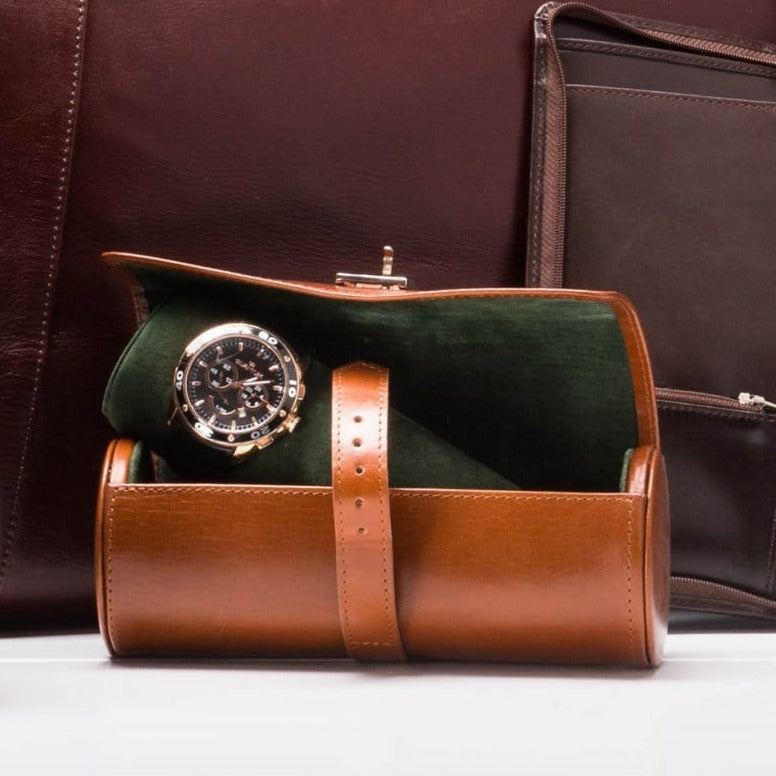 Large leather watch roll, tan, lifestyle