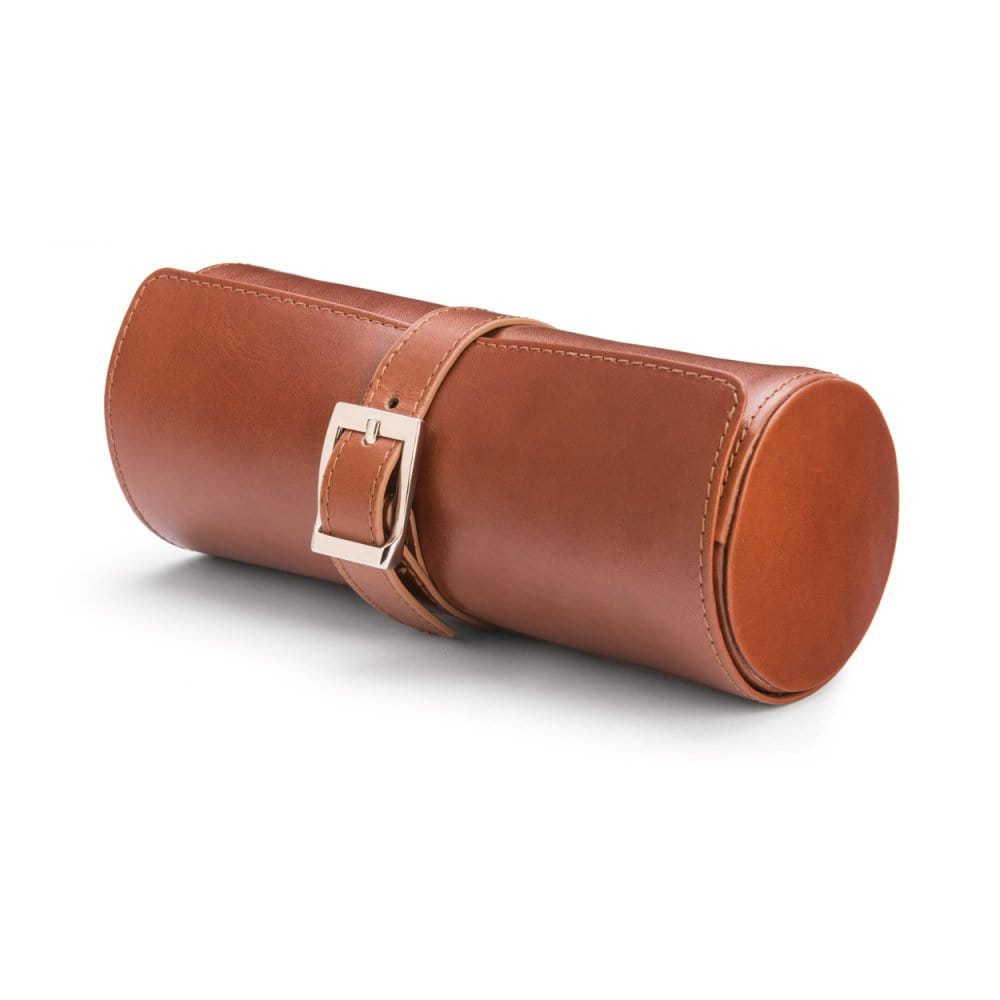 Large leather watch roll, tan, front