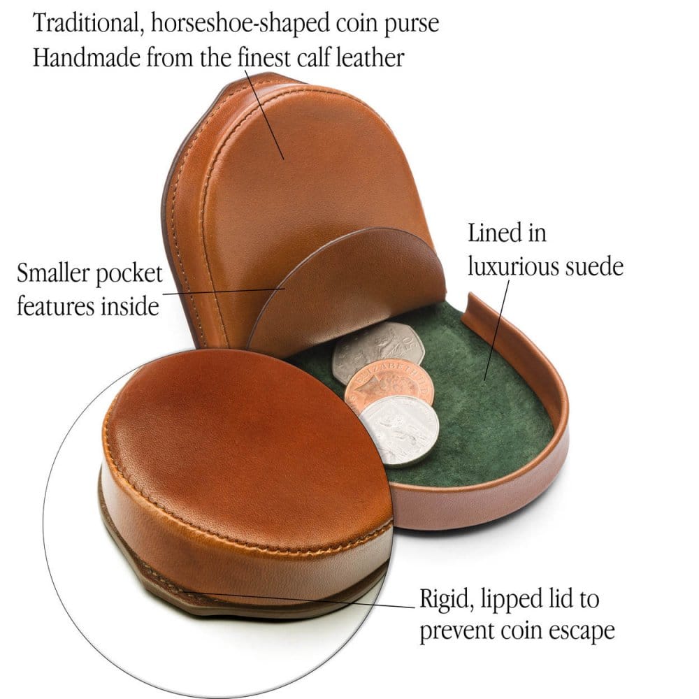 Leather horseshoe coin purse, havana tan, features