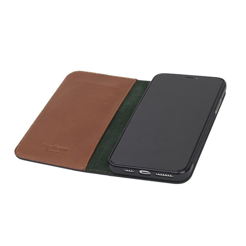 Leather iPhone 11 Pro Max wallet case, havana tan, inside