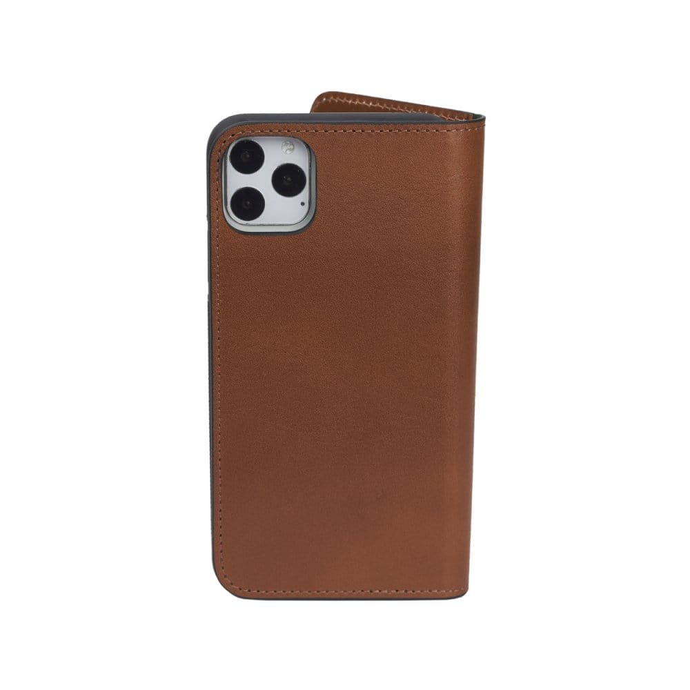 Leather iPhone 11 Pro Max wallet case, havana tan, back