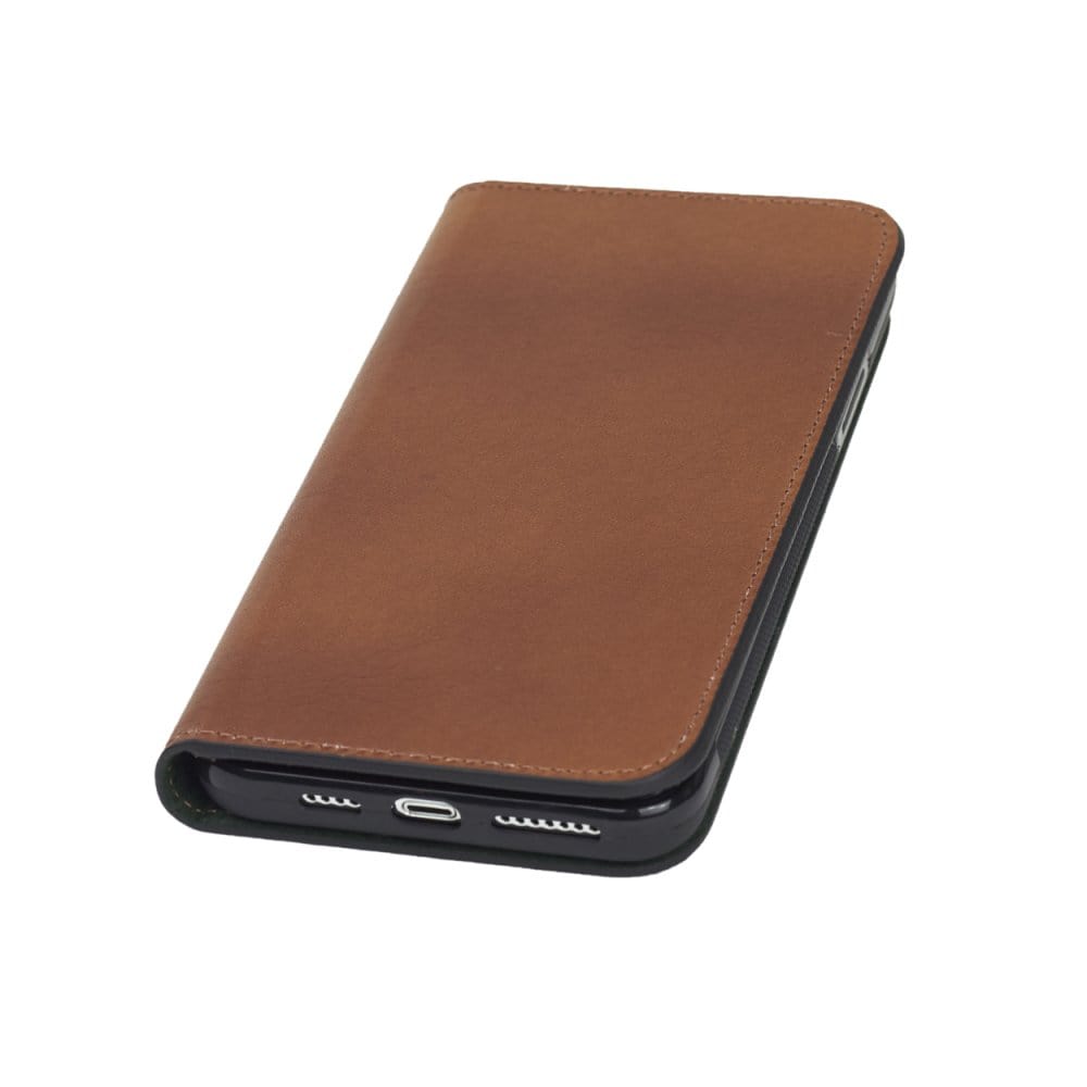 Leather iPhone 11 Pro Max wallet case, havana tan, front