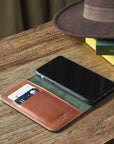 Leather iPhone 11 Pro Max wallet case, havana tan, lifestyle