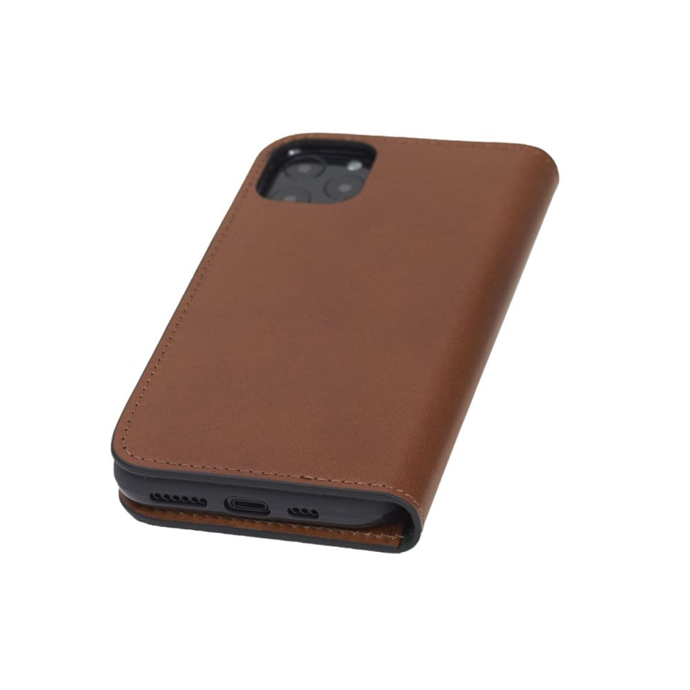 Leather iPhone 11 Pro wallet case, havana tan, back