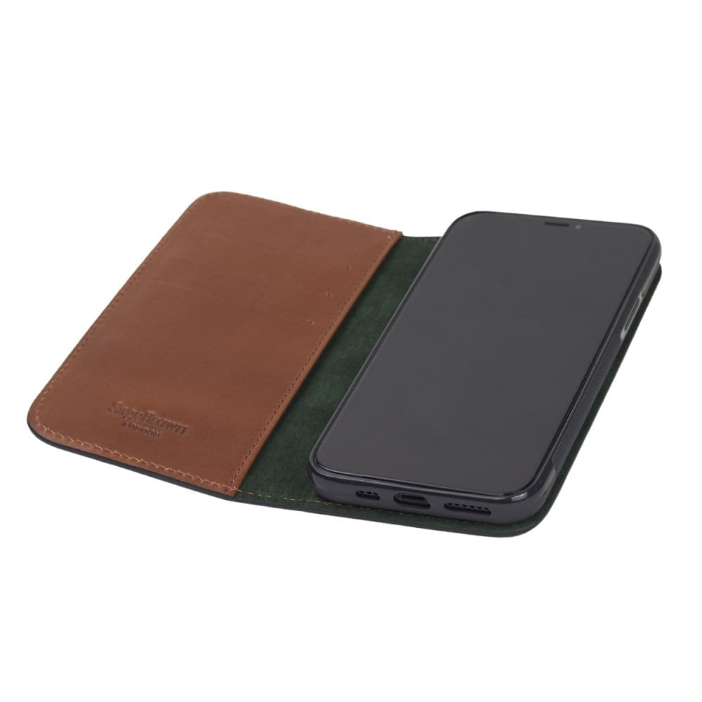 Leather iPhone 11 Pro wallet case, havana tan, inside