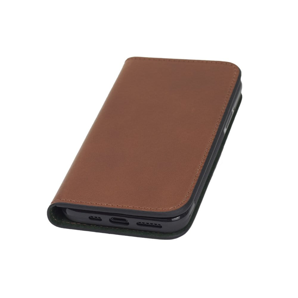 Leather iPhone 11 Pro wallet case, havana tan, front