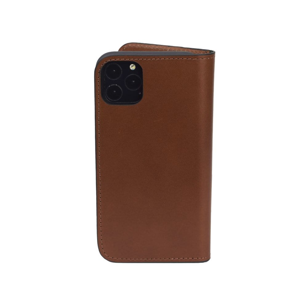 Leather iPhone 11 Pro wallet case, havana tan, reverse