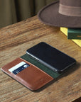 Leather iPhone 11 Pro wallet case, havana tan, lifestyle