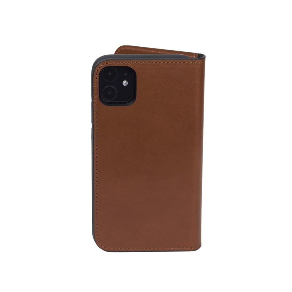 Leather iPhone 11 wallet case, havana tan, back