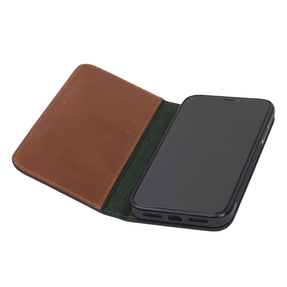 Leather iPhone 11 wallet case, havana tan, inside