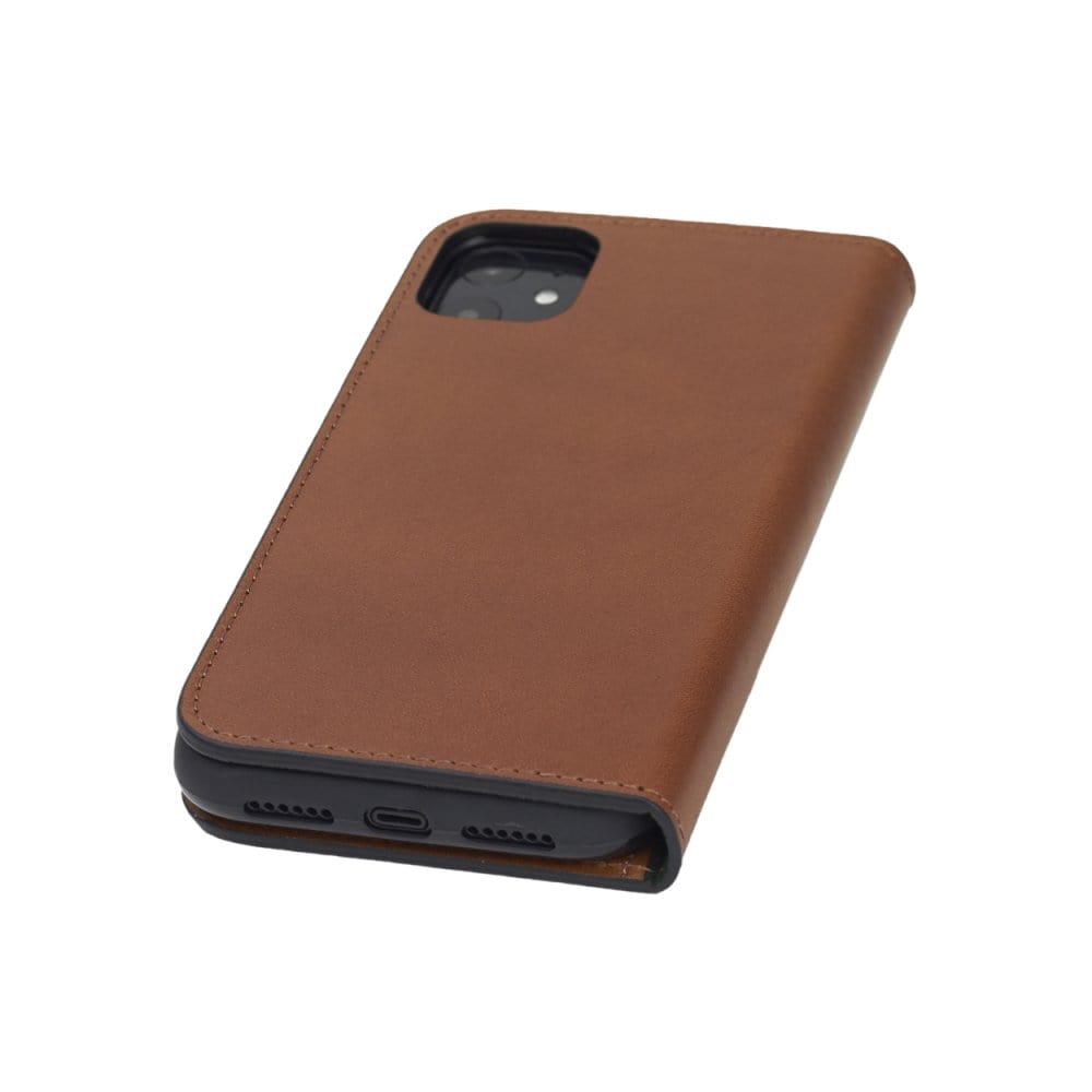 Leather iPhone 11 wallet case, havana tan, reverse