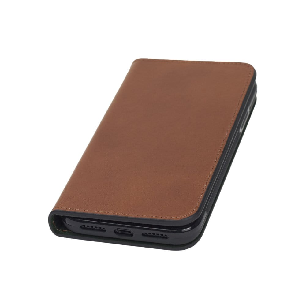 Leather iPhone 11 wallet case, havana tan, front