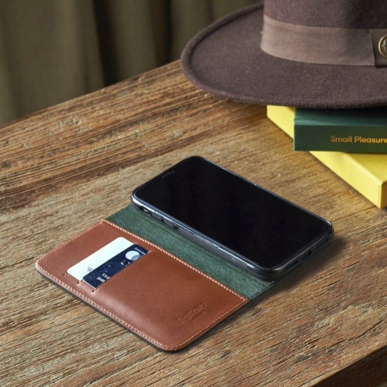 Leather iPhone 11 wallet case, havana tan, lifestyle