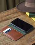 Leather iPhone 11 wallet case, havana tan, lifestyle