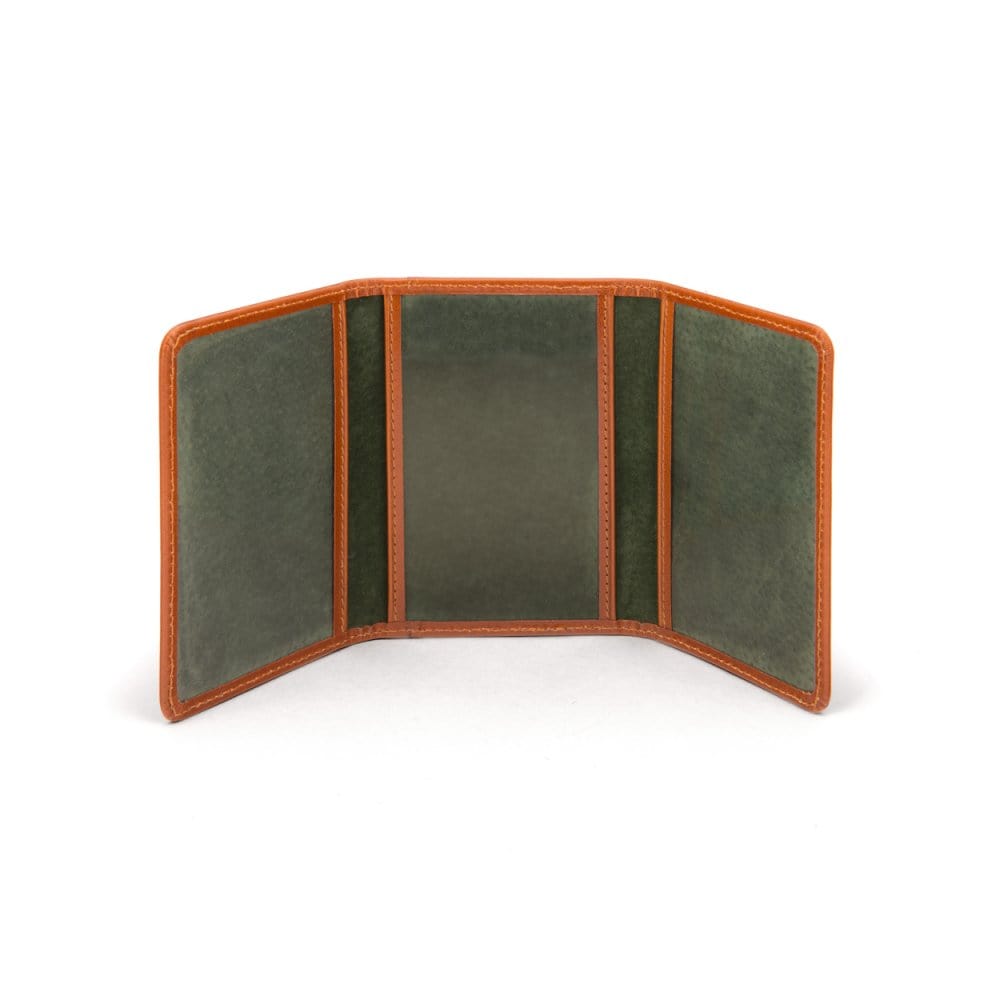 Leather tri-fold travel card holder, havana tan with green, open