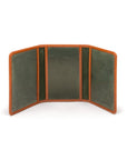 Leather tri-fold travel card holder, havana tan with green, open