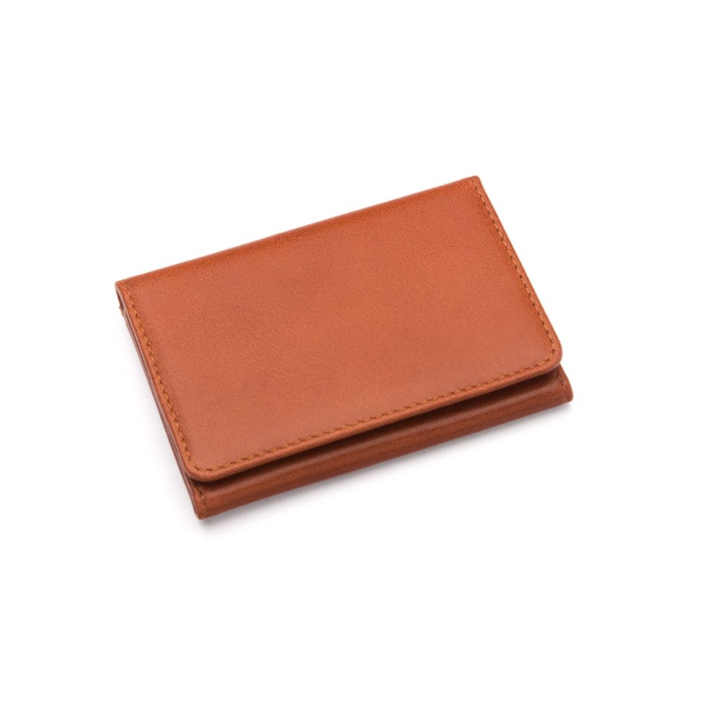 Leather tri-fold travel card holder, havana tan with green, front