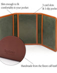 Leather tri-fold travel card holder, havana tan with green, features