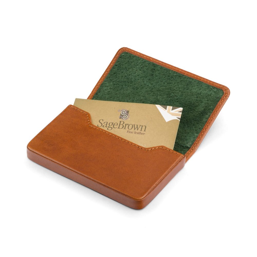 Leather business card holder with magnetic closure, tan, inside
