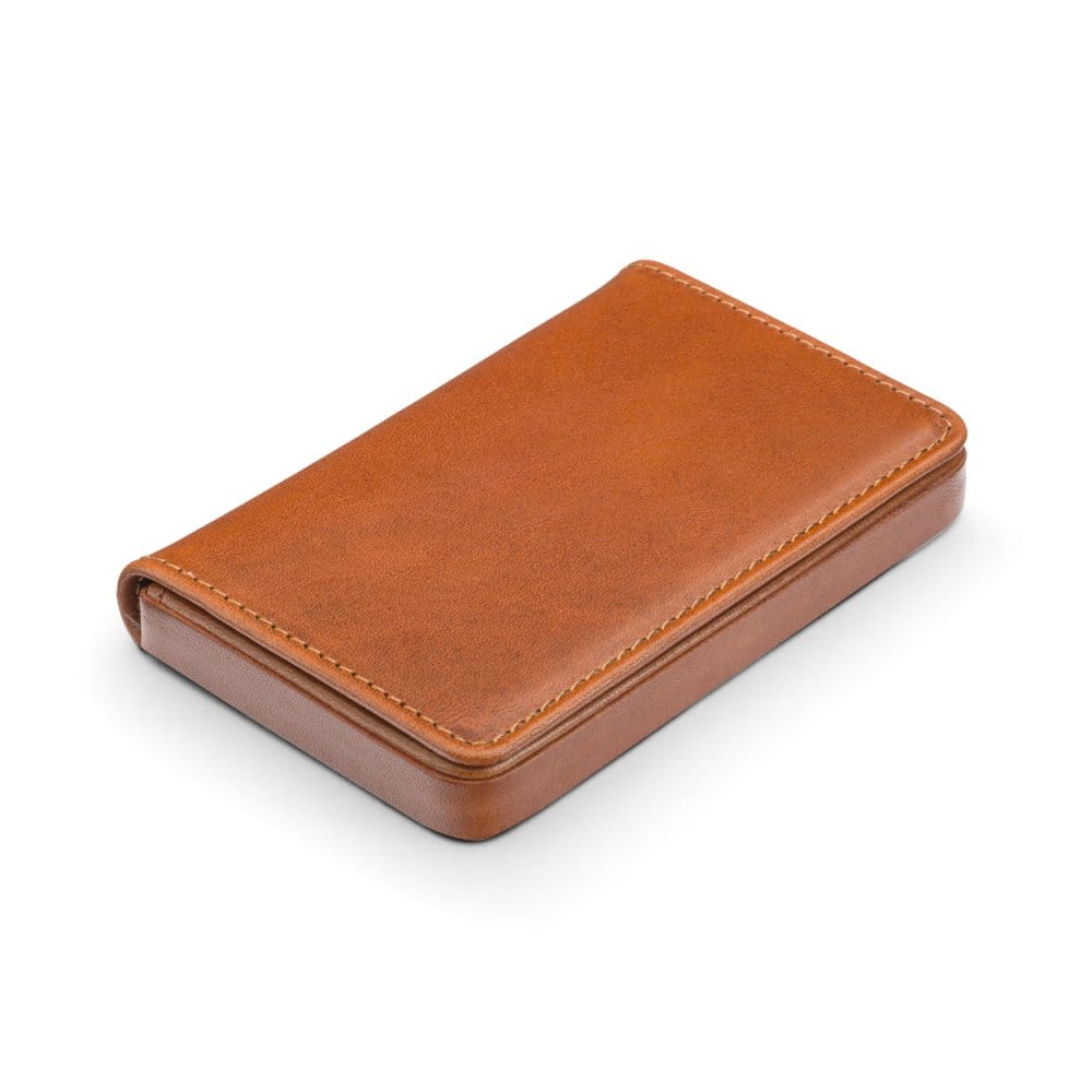 Leather business card holder with magnetic closure, tan, side
