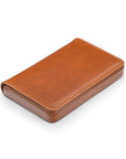 Leather business card holder with magnetic closure, tan, side