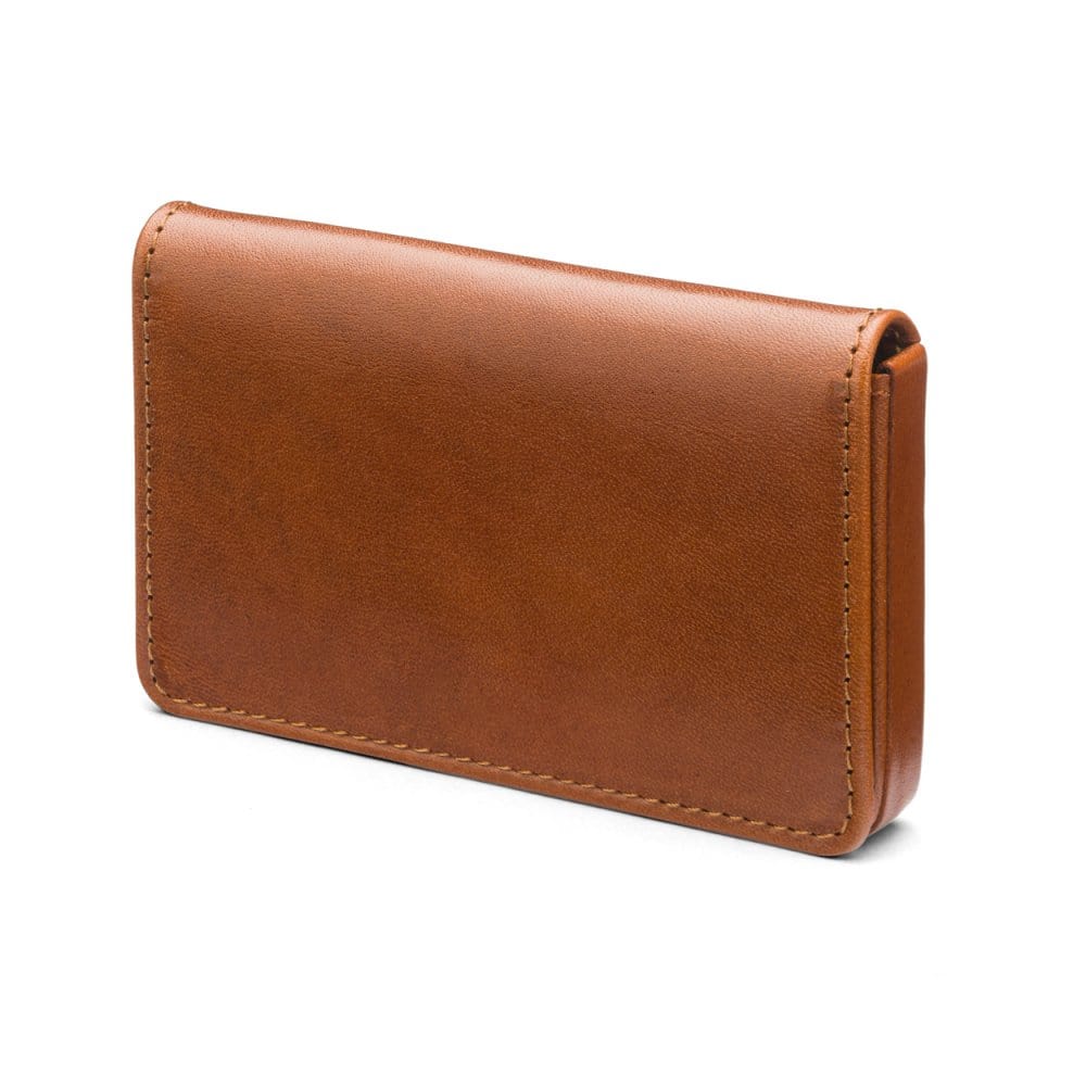 Leather business card holder with magnetic closure, tan, front