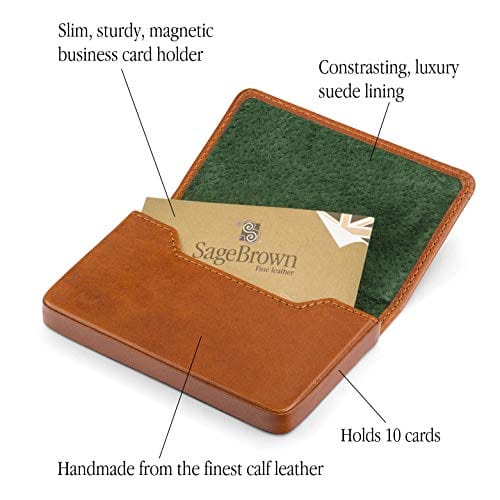 Leather business card holder with magnetic closure, tan, features