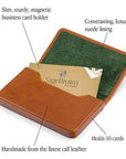 Leather business card holder with magnetic closure, tan, features