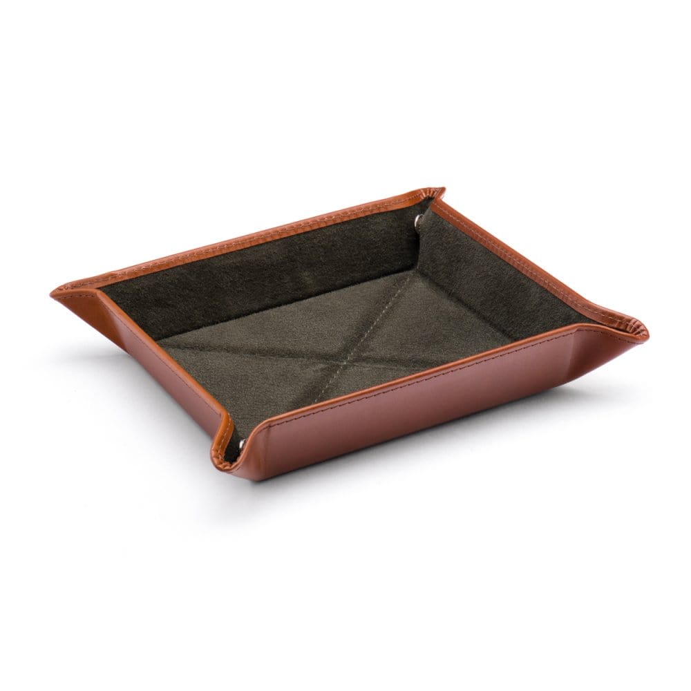 Leather valet tray, havana tan with green