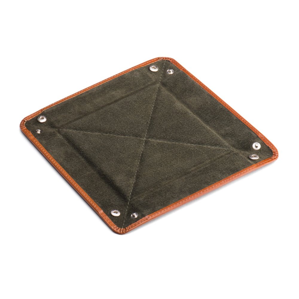 Leather valet tray, havana tan with green, flat