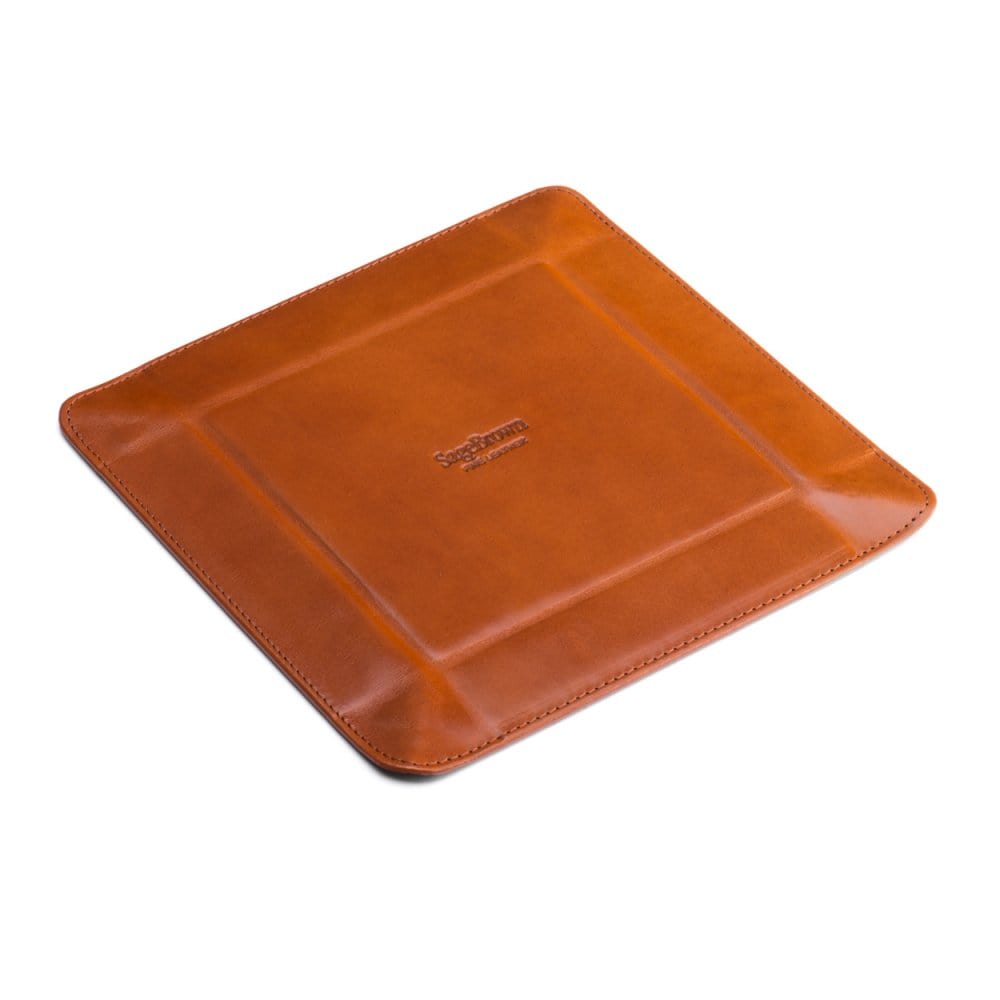 Leather valet tray, havana tan with green, flat base