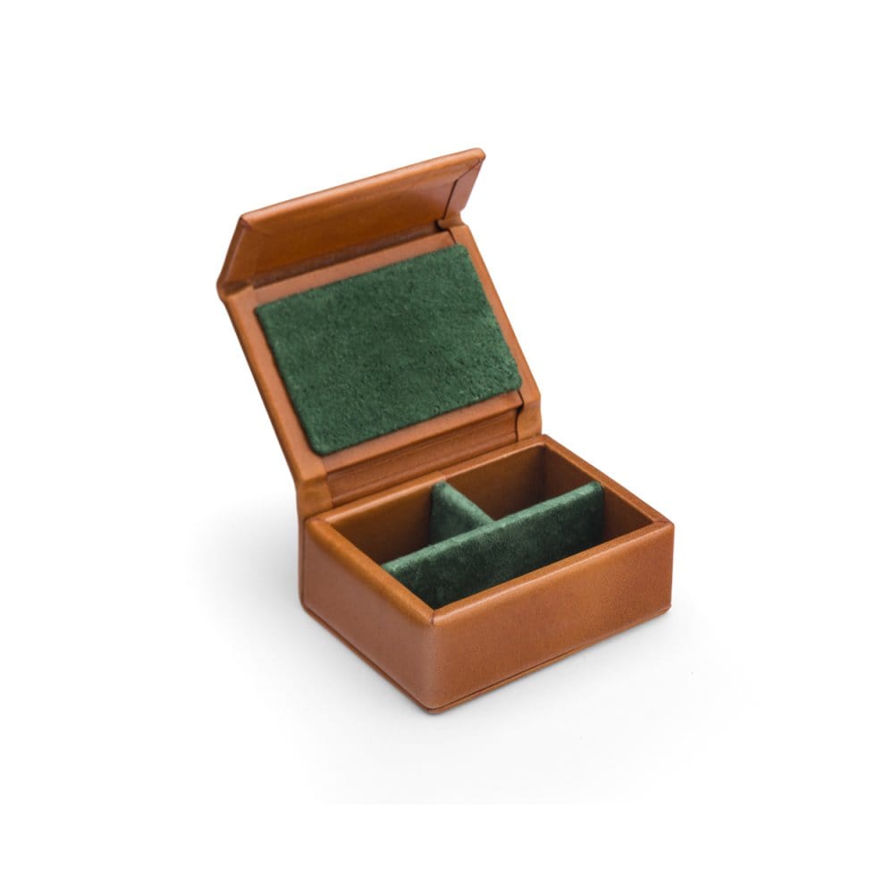 Small leather accessory box, havana tan with green, inside