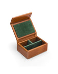 Small leather accessory box, havana tan with green, inside