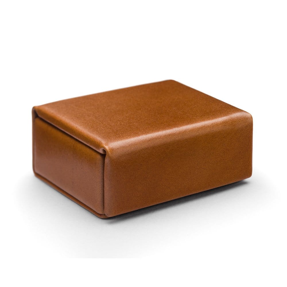 Small leather accessory box, havana tan with green, front