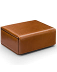 Small leather accessory box, havana tan with green, front